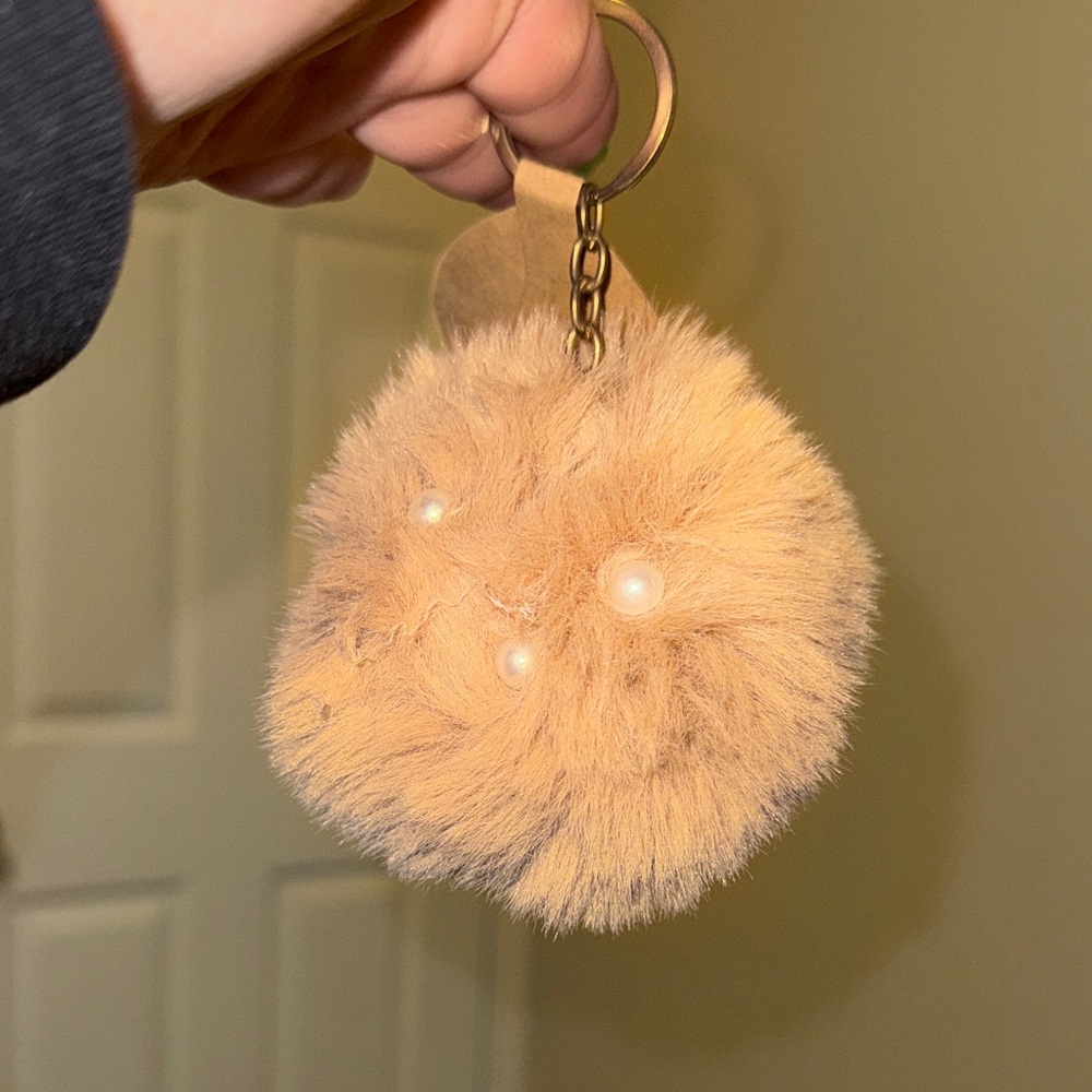 Plush Pearl Pom Keychain Bag Charm - Tan